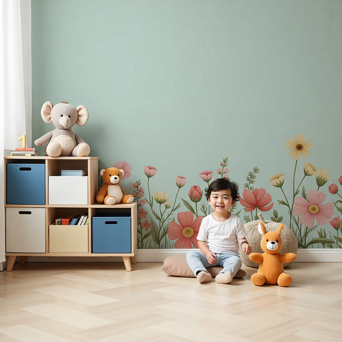Papel de parede para quarto de bebé | Flores coloridas sobre fundo pastel para um ambiente suave