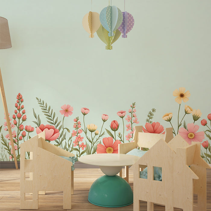Papel de parede para quarto de bebé | Flores coloridas sobre fundo pastel para um ambiente suave