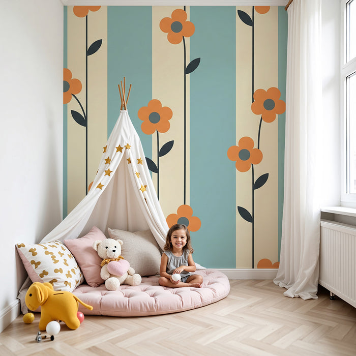 Nursery room wallpaper | Színes virágok kék és krémszínű csíkos háttéren