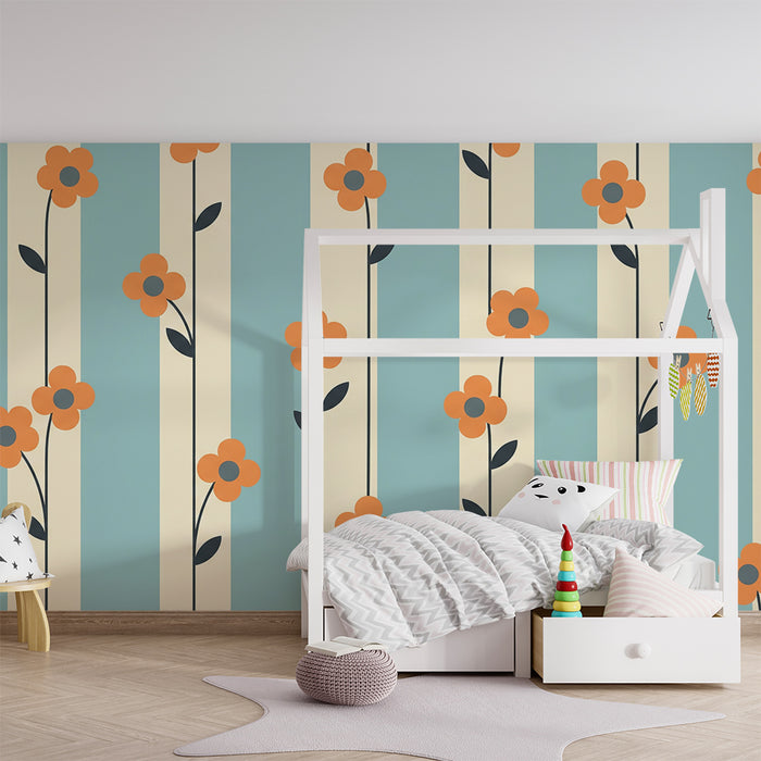 Nursery room wallpaper | Színes virágok kék és krémszínű csíkos háttéren