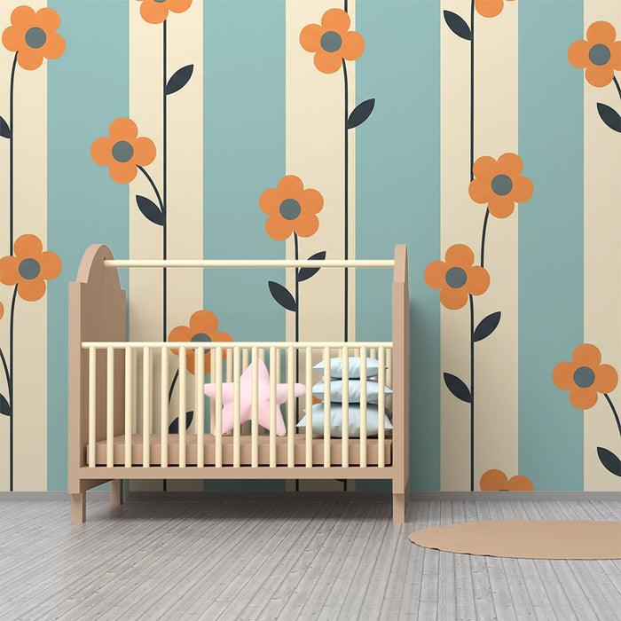 Nursery room wallpaper | Színes virágok kék és krémszínű csíkos háttéren