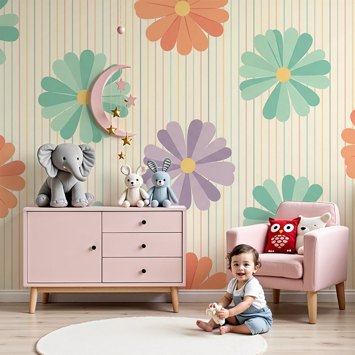 Nursery room wallpaper | Colorful flowers on a pastel striped background