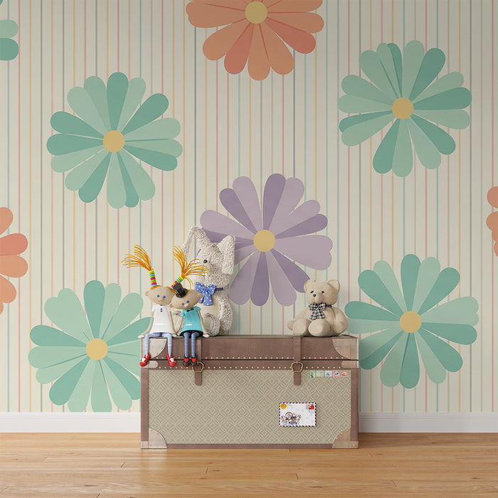Nursery room wallpaper | Colorful flowers on a pastel striped background