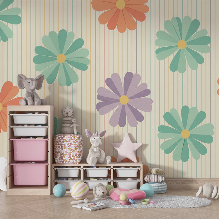 Nursery room wallpaper | Colorful flowers on a pastel striped background