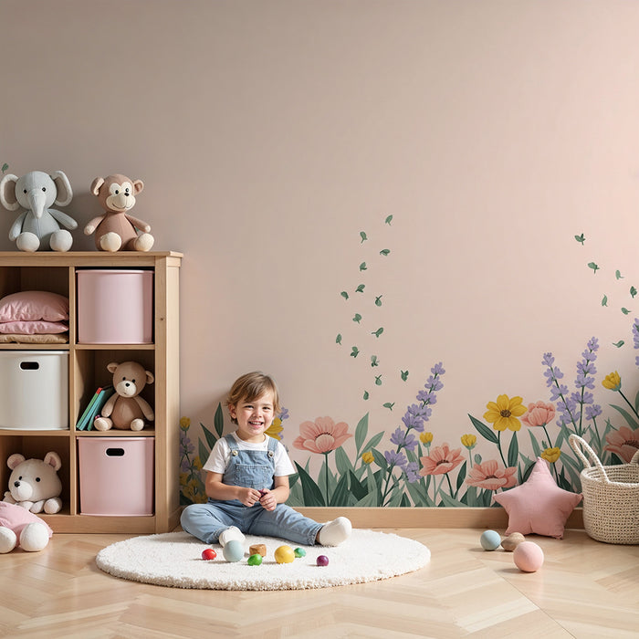 Papier peint chambre bébé | Fleurs colorées sur fond rose doux