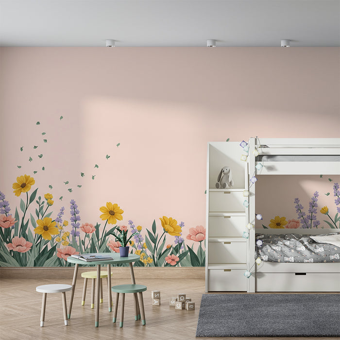 Papier peint chambre bébé | Fleurs colorées sur fond rose doux