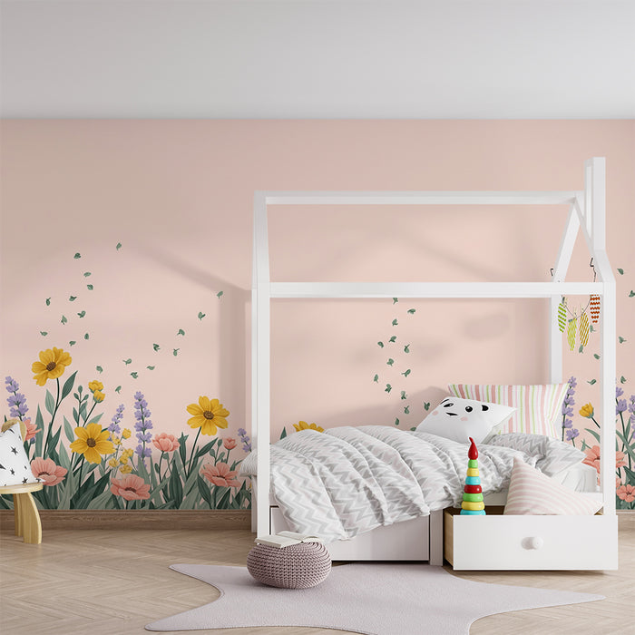 Papier peint chambre bébé | Fleurs colorées sur fond rose doux