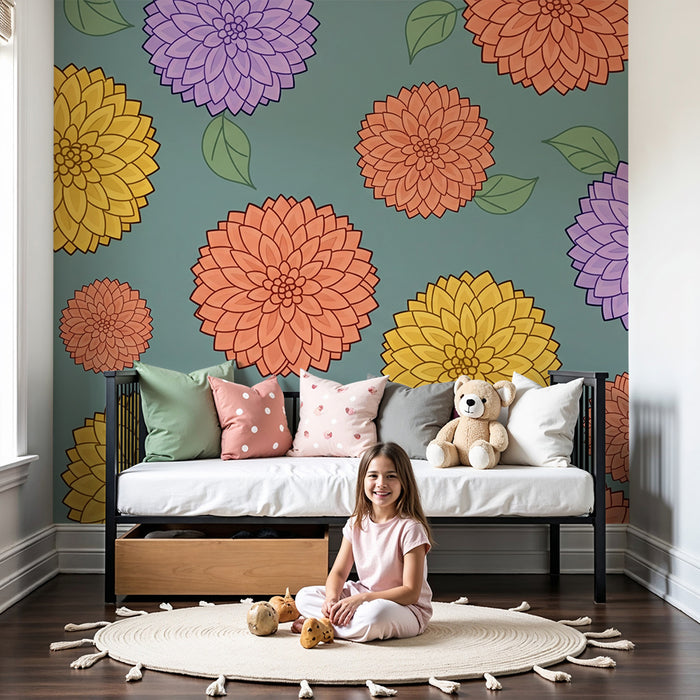 Papel pintado infantil | Flores coloridas sobre fondo verde calmante