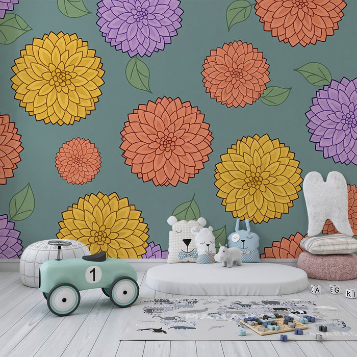 Papel pintado infantil | Flores coloridas sobre fondo verde calmante
