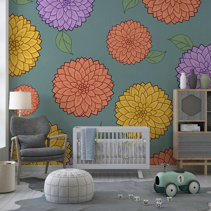 Papel pintado infantil | Flores coloridas sobre fondo verde calmante