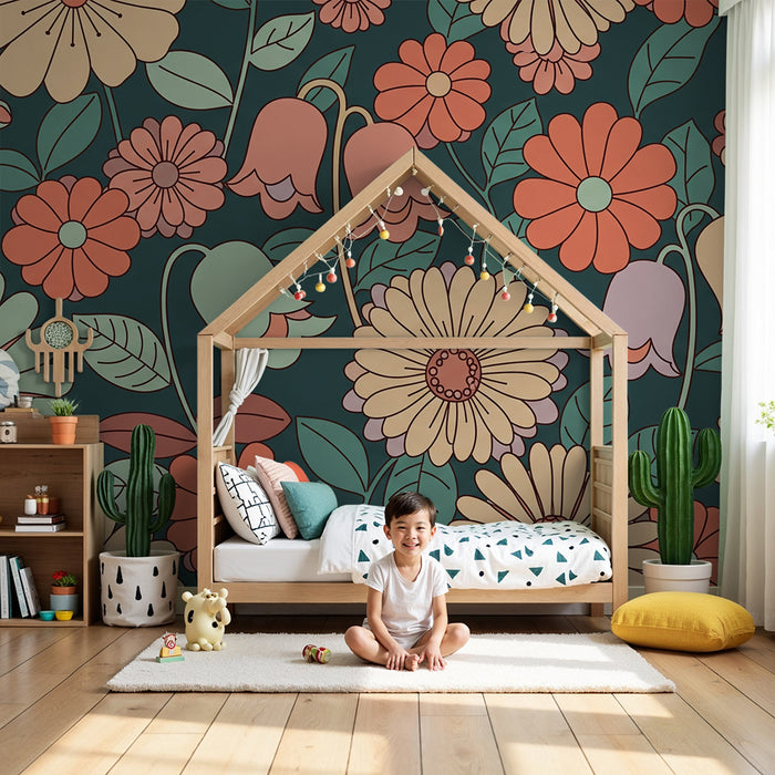 Nursery room wallpaper | Colorful flowers on deep green background