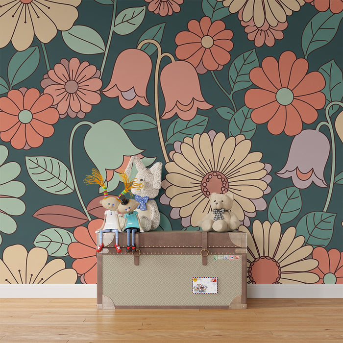 Nursery room wallpaper | Colorful flowers on deep green background