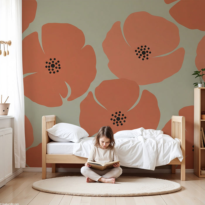 Børneværelse tapet | Koralfarvede blomster på blød baggrund