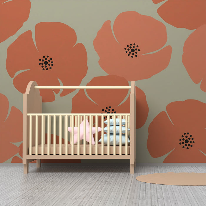 Børneværelse tapet | Koralfarvede blomster på blød baggrund