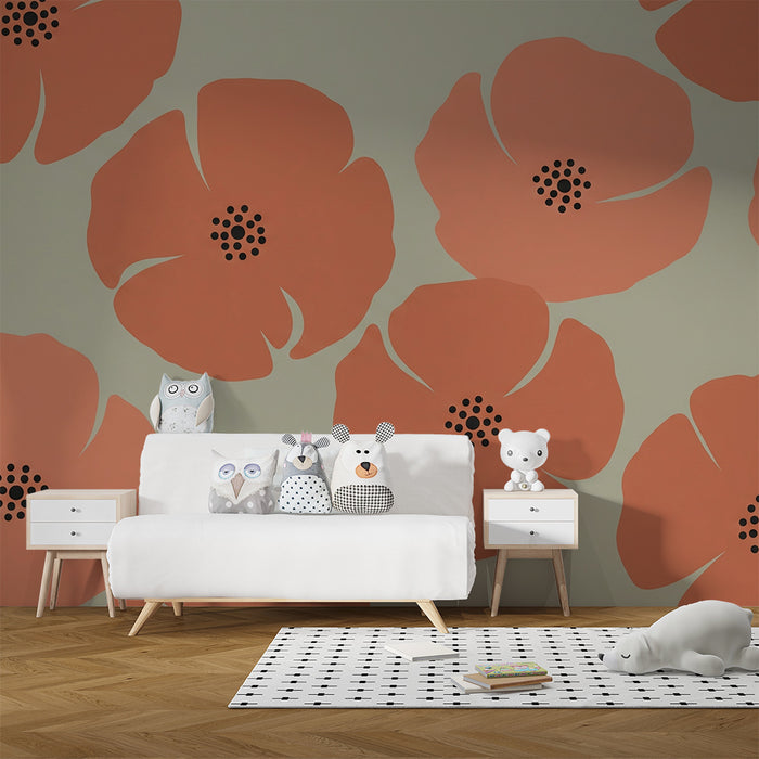 Børneværelse tapet | Koralfarvede blomster på blød baggrund