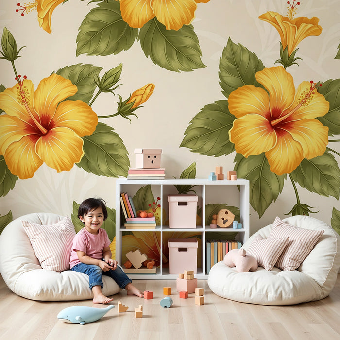 Papier peint chambre bébé | Fleurs d'hibiscus jaunes sur fond doux