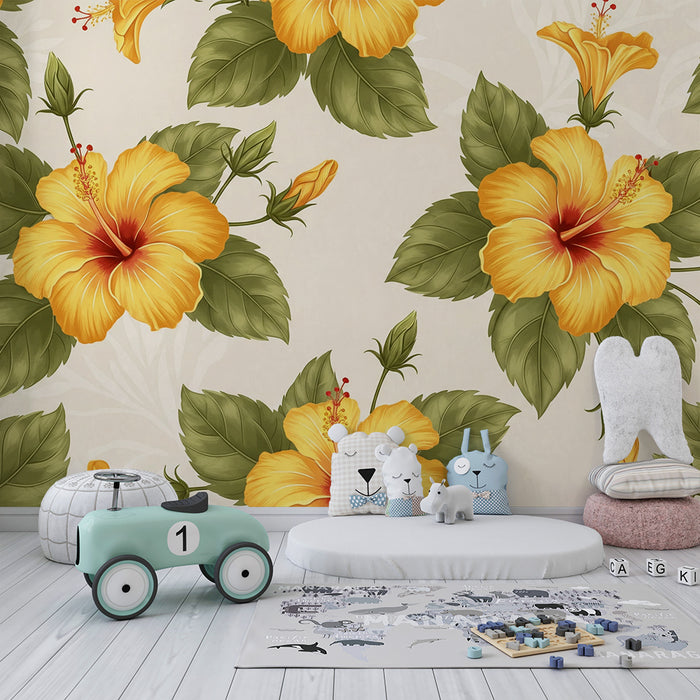 Papier peint chambre bébé | Fleurs d'hibiscus jaunes sur fond doux