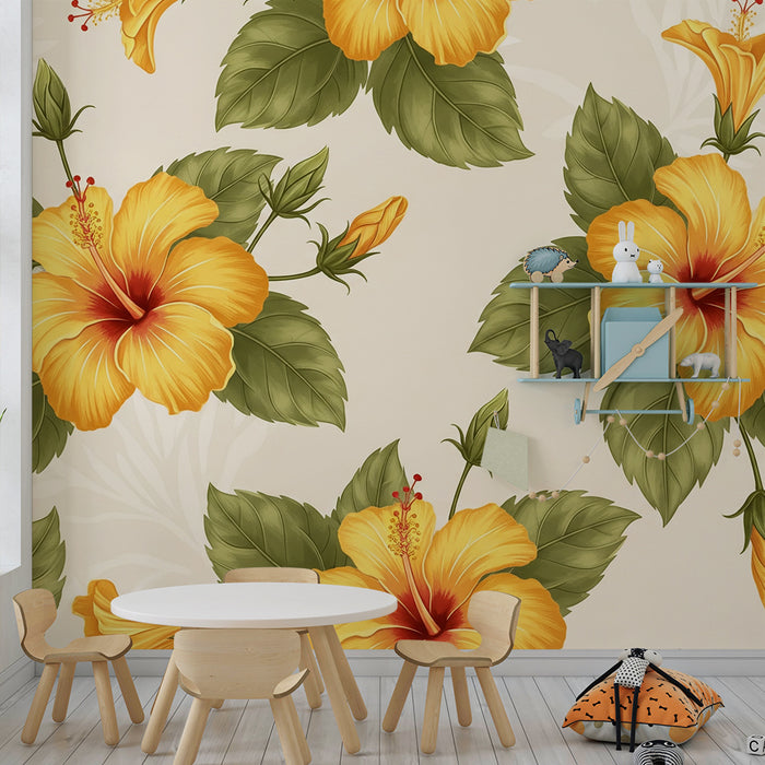 Papier peint chambre bébé | Fleurs d'hibiscus jaunes sur fond doux