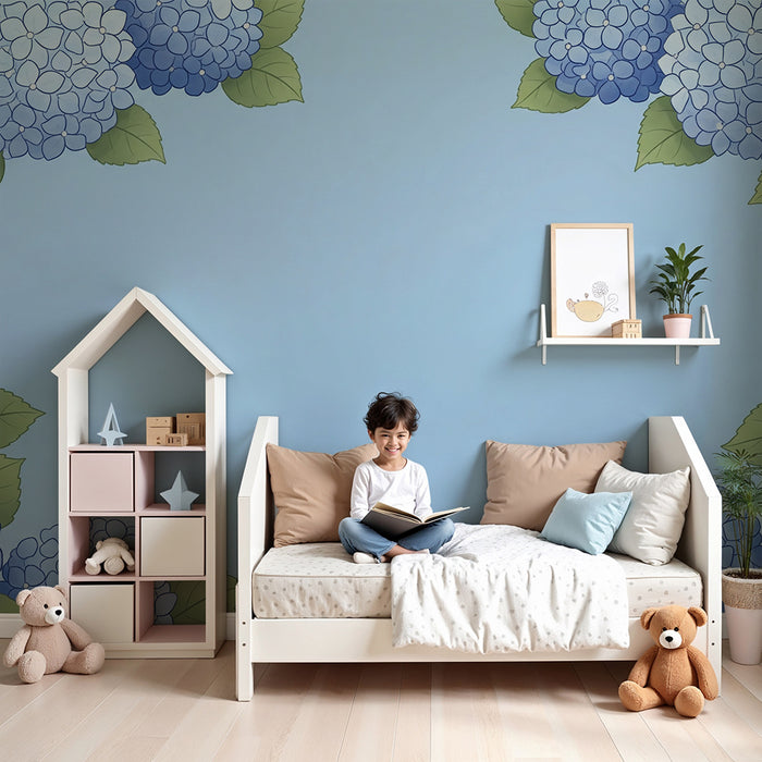 Papier peint chambre bébé | Fleurs d'hortensia bleues et blanches sur fond bleu