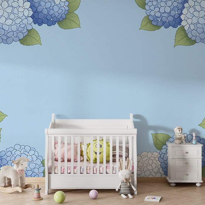 Papier peint chambre bébé | Fleurs d'hortensia bleues et blanches sur fond bleu