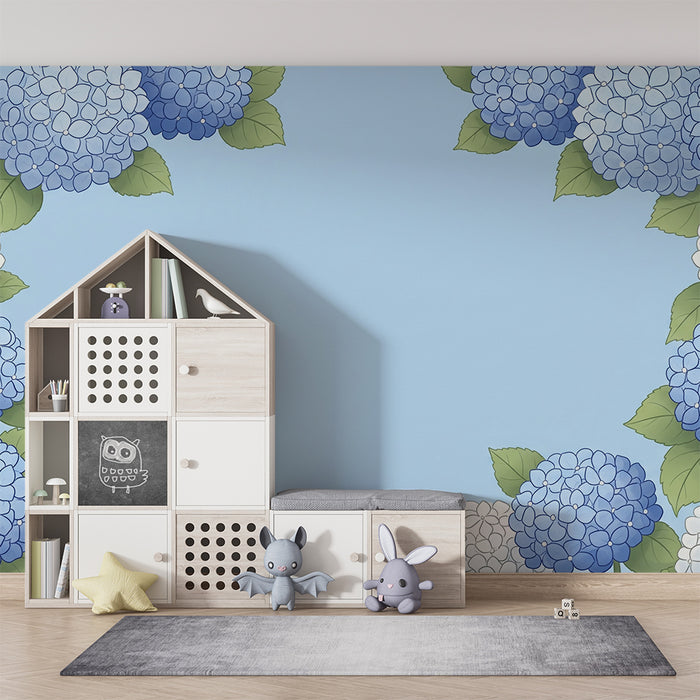Papier peint chambre bébé | Fleurs d'hortensia bleues et blanches sur fond bleu