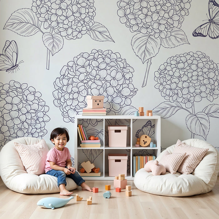 Baby's Room Wallpaper | Delicate Hydrangea Flowers and Butterflies on a Light Background