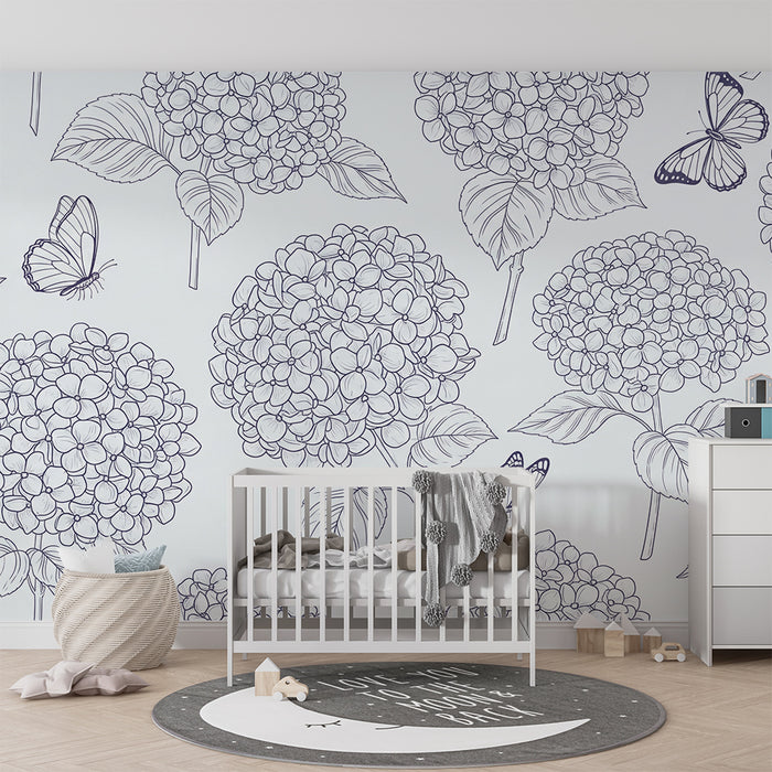 Baby's Room Wallpaper | Delicate Hydrangea Flowers and Butterflies on a Light Background