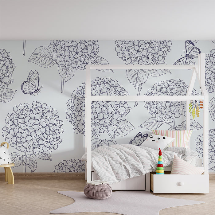 Baby's Room Wallpaper | Delicate Hydrangea Flowers and Butterflies on a Light Background