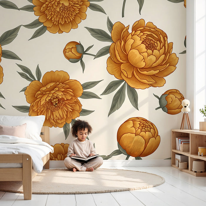 Papier peint chambre bébé | Fleurs d'orange et feuillage délicat sur fond clair