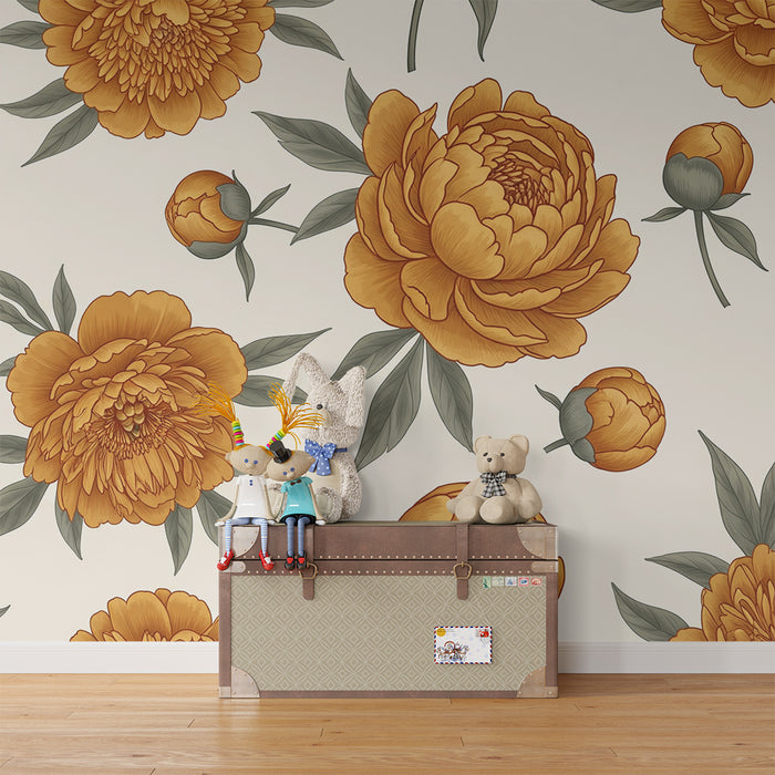 Papier peint chambre bébé | Fleurs d'orange et feuillage délicat sur fond clair