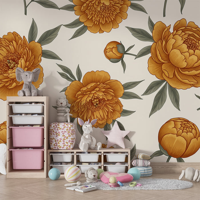 Papier peint chambre bébé | Fleurs d'orange et feuillage délicat sur fond clair