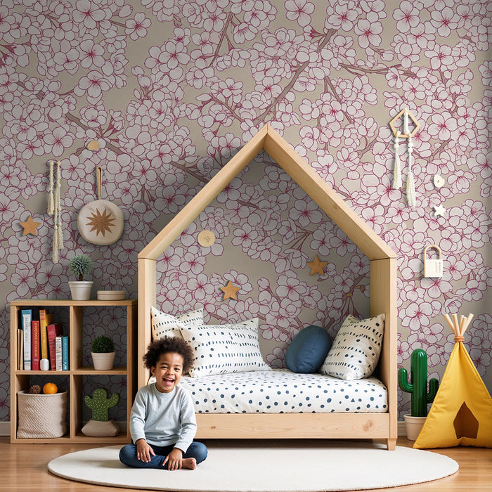 Papier peint chambre bébé | Fleurs de cerisier délicates sur fond beige
