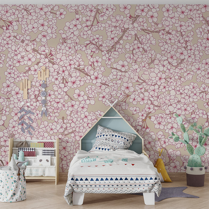 Papier peint chambre bébé | Fleurs de cerisier délicates sur fond beige