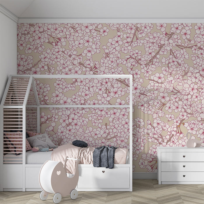 Papier peint chambre bébé | Fleurs de cerisier délicates sur fond beige