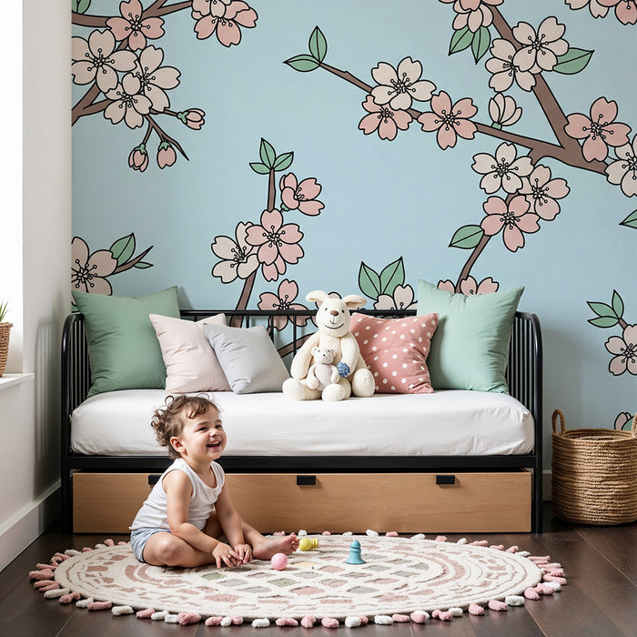 Nursery room wallpaper | Delicate cherry blossoms on a soothing blue background