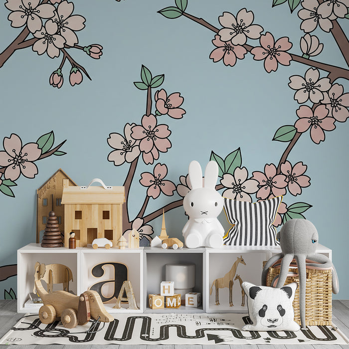 Nursery room wallpaper | Delicate cherry blossoms on a soothing blue background