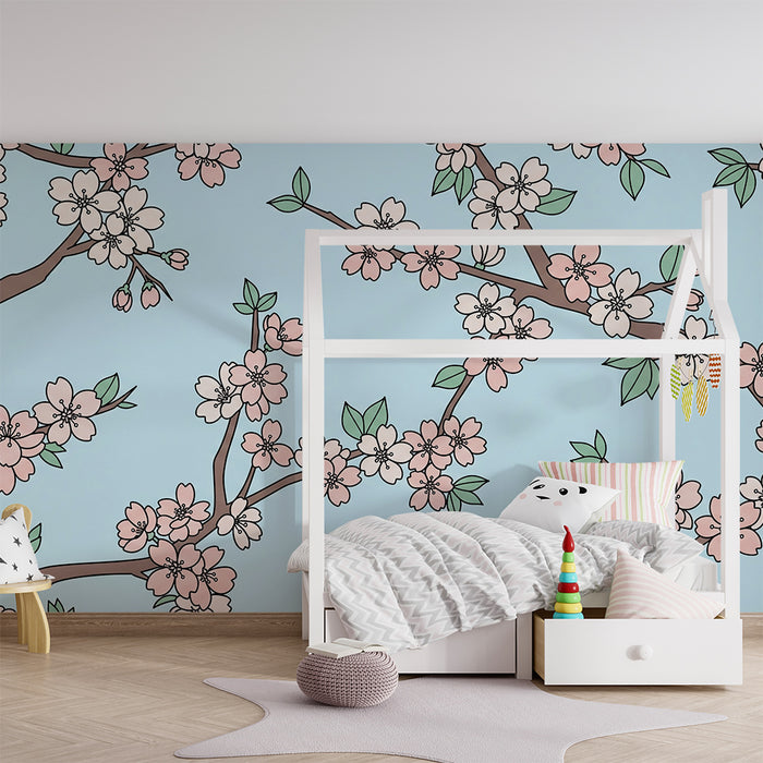 Nursery room wallpaper | Delicate cherry blossoms on a soothing blue background