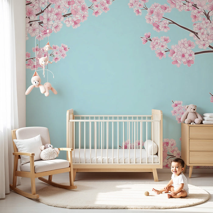 Papel pintado habitación bebé | Flores de cerezo delicadas sobre fondo azul cielo