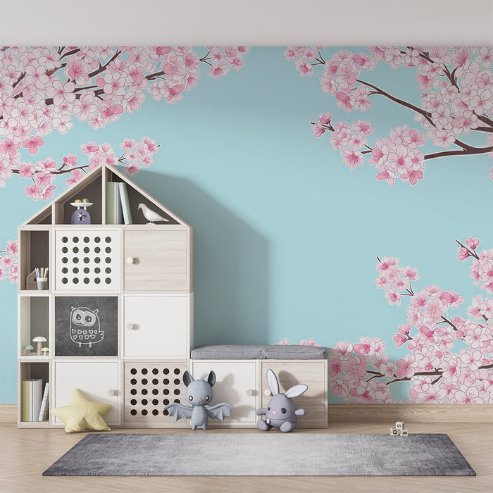 Papel pintado habitación bebé | Flores de cerezo delicadas sobre fondo azul cielo