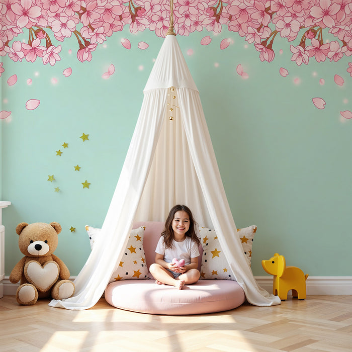 Baby room wallpaper | Delicate cherry blossoms on a pastel blue background