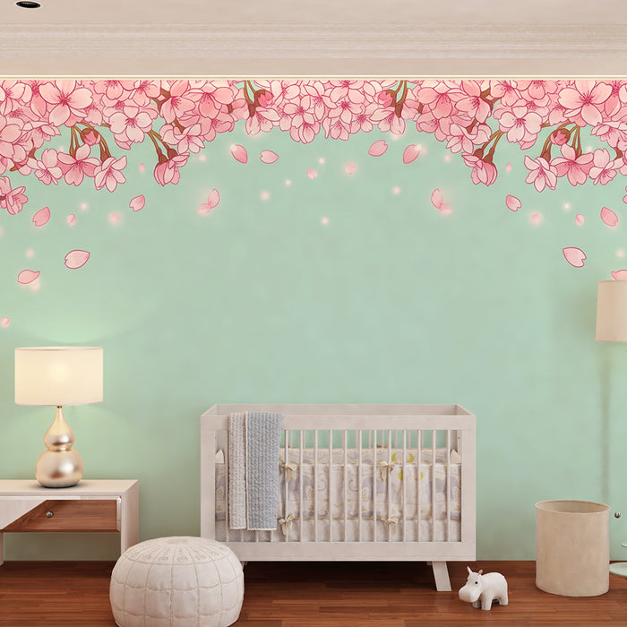 Baby room wallpaper | Delicate cherry blossoms on a pastel blue background