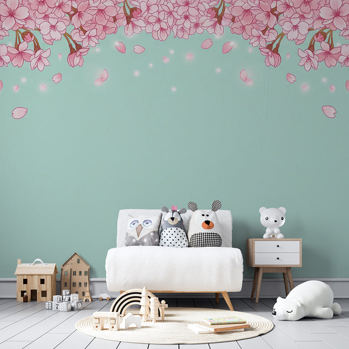 Baby room wallpaper | Delicate cherry blossoms on a pastel blue background