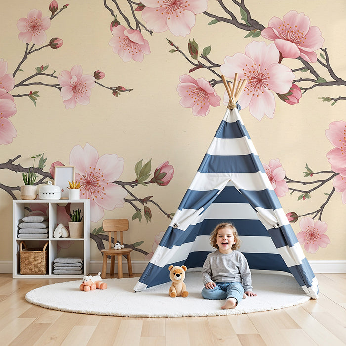 Papier peint chambre bébé | Fleurs de cerisier délicates sur fond crème