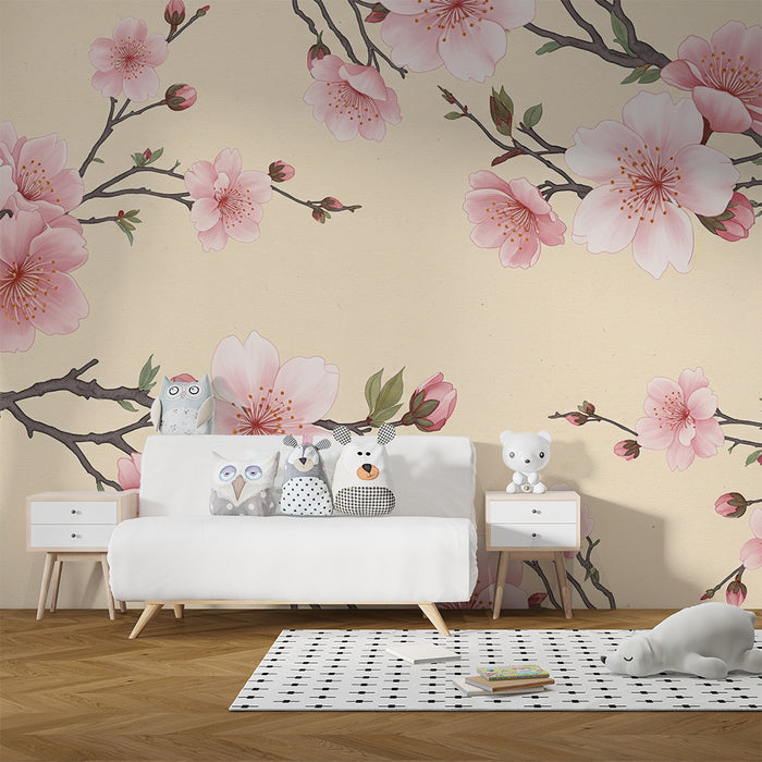 Papier peint chambre bébé | Fleurs de cerisier délicates sur fond crème