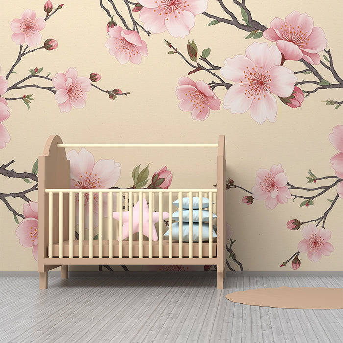 Papier peint chambre bébé | Fleurs de cerisier délicates sur fond crème