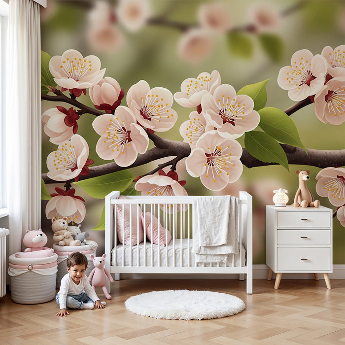 Barnetapet med kirsebærblomster | Blomstrende design på myk bakgrunn