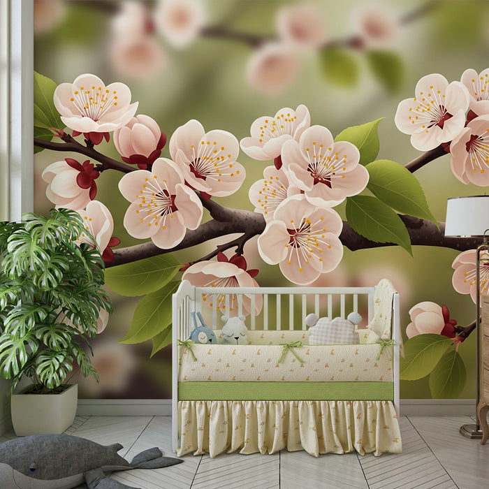 Barnetapet med kirsebærblomster | Blomstrende design på myk bakgrunn