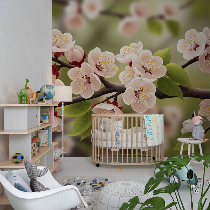 Barnetapet med kirsebærblomster | Blomstrende design på myk bakgrunn