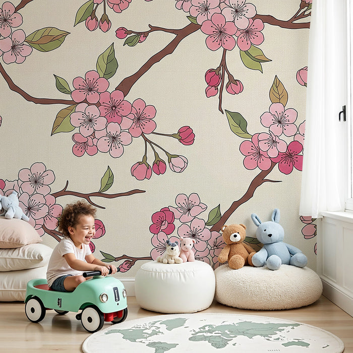Papel de parede para quarto de bebé | Flores de cerejeira delicadas sobre fundo suave