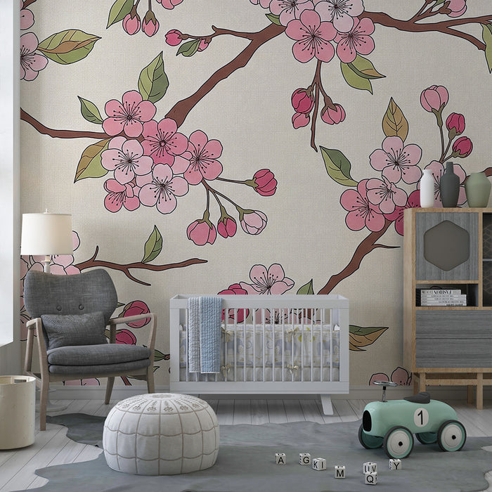 Papel de parede para quarto de bebé | Flores de cerejeira delicadas sobre fundo suave